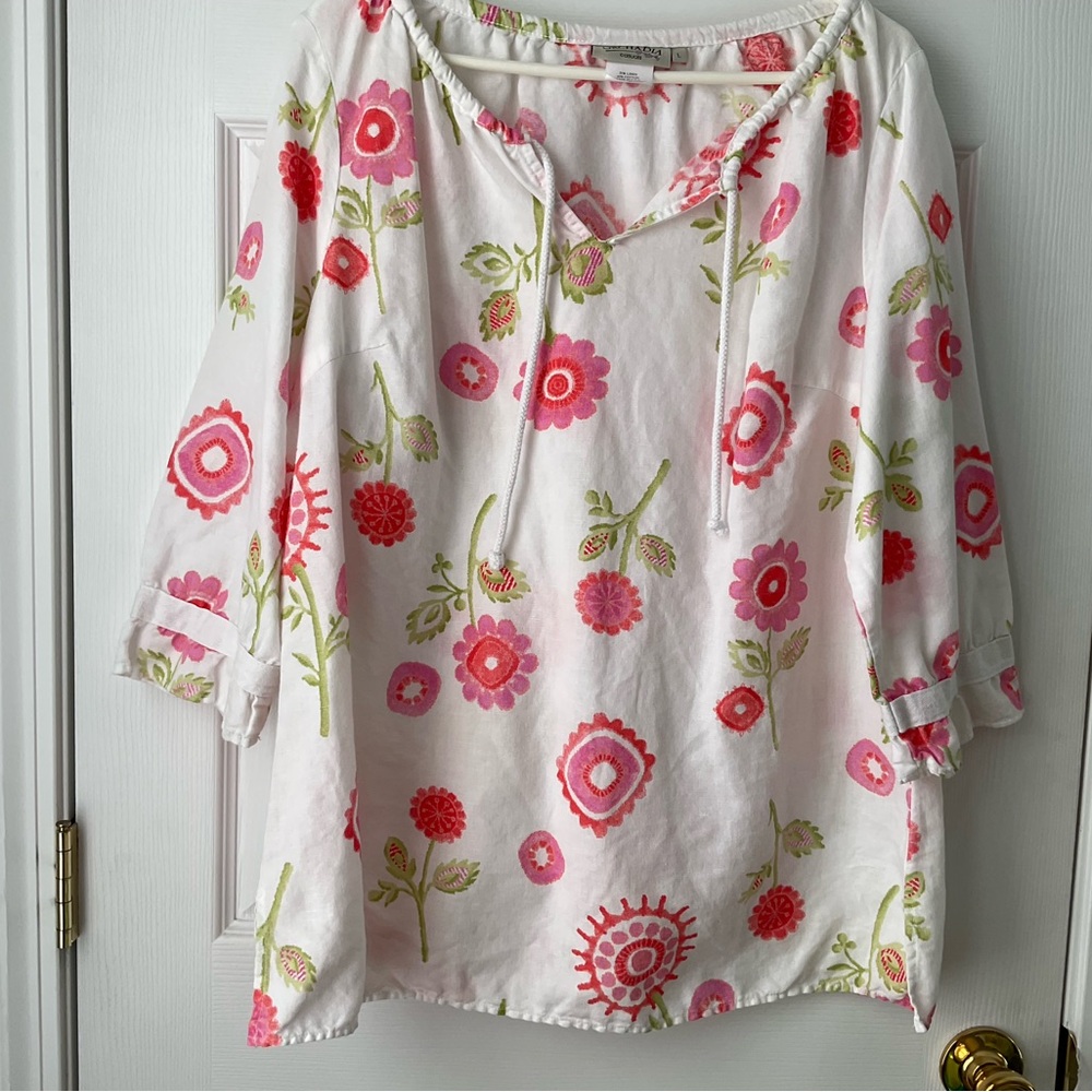 Orchadia Casuals Cotton/Linen Blend White Floral Tunic Size Large